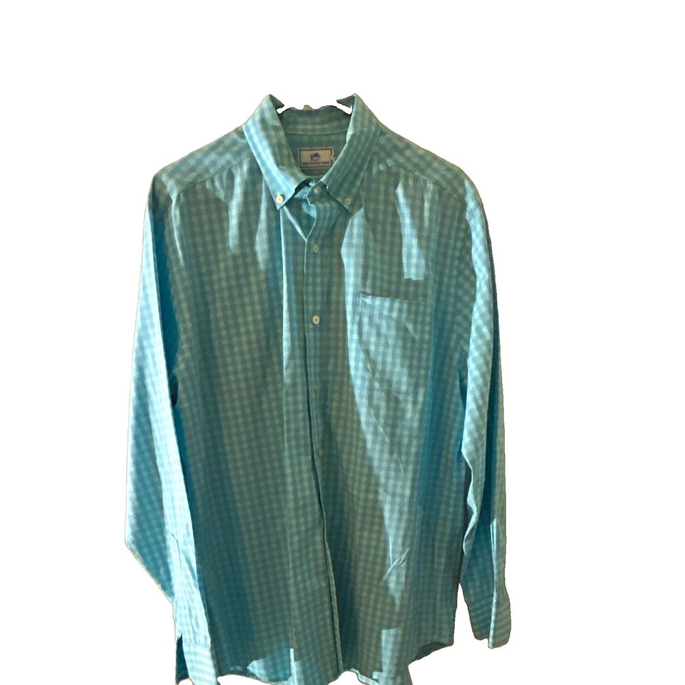 Southern Tide Men's Blue/Green Check Woven Cotton Button-Down Shirt, L